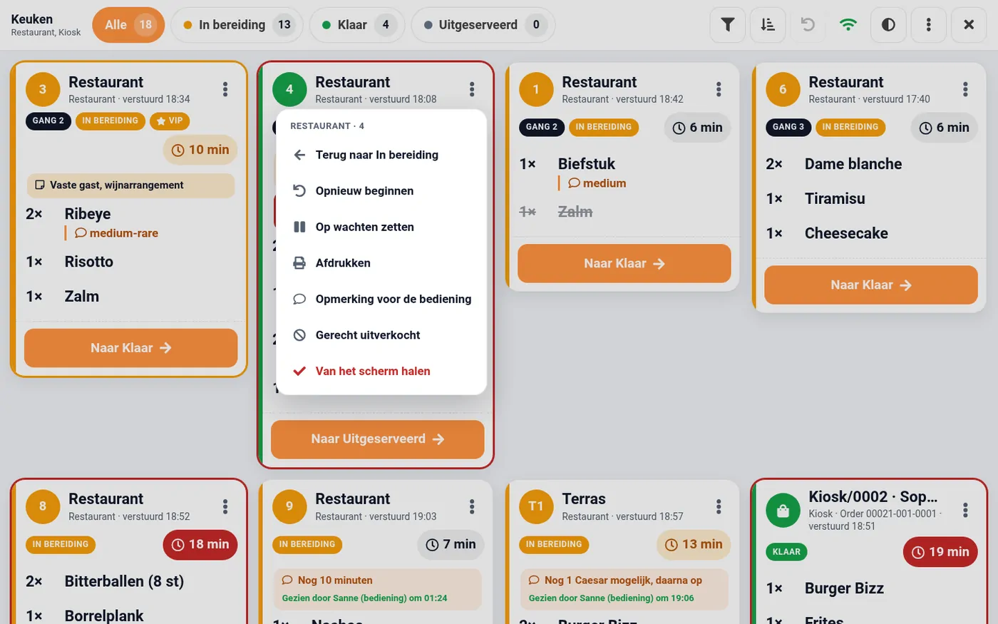 Het menu van een bon met Terug naar, Opnieuw beginnen, Op wachten zetten, Opmerking voor de bediening en Van het scherm halen