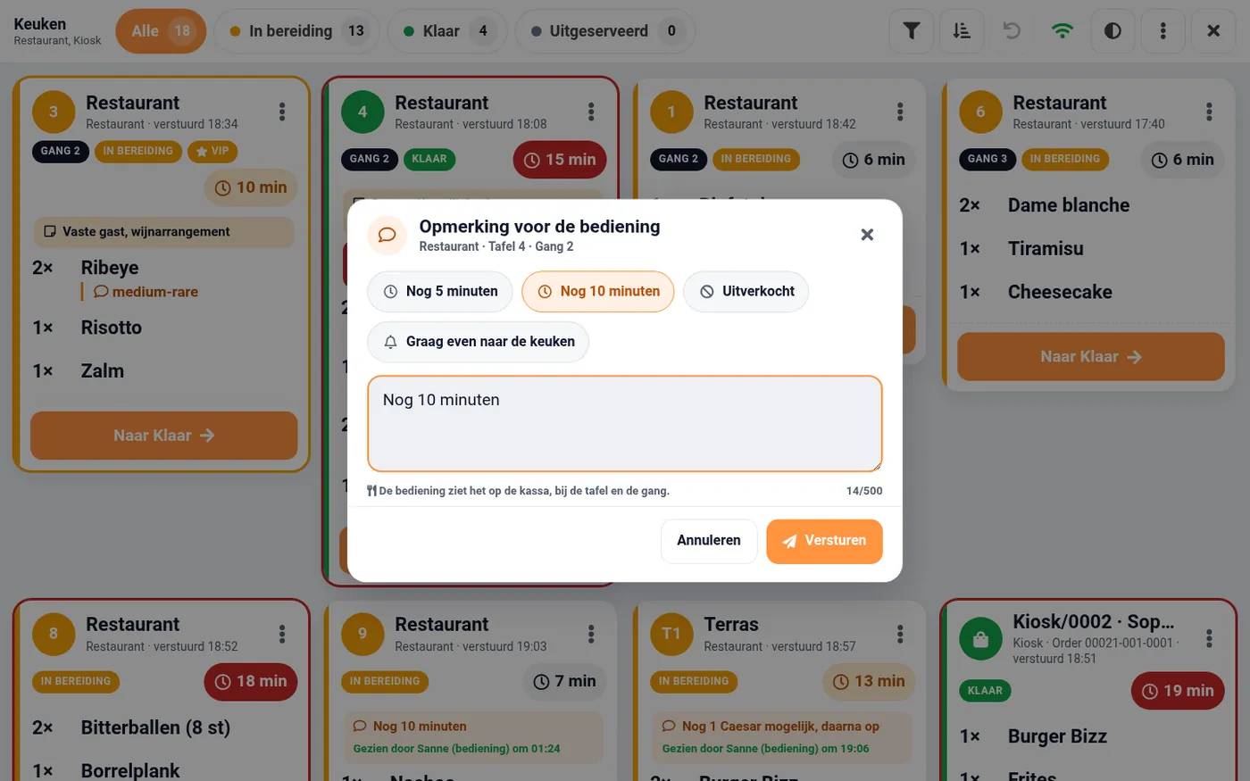 Het venster Opmerking voor de bediening met de snelle antwoorden