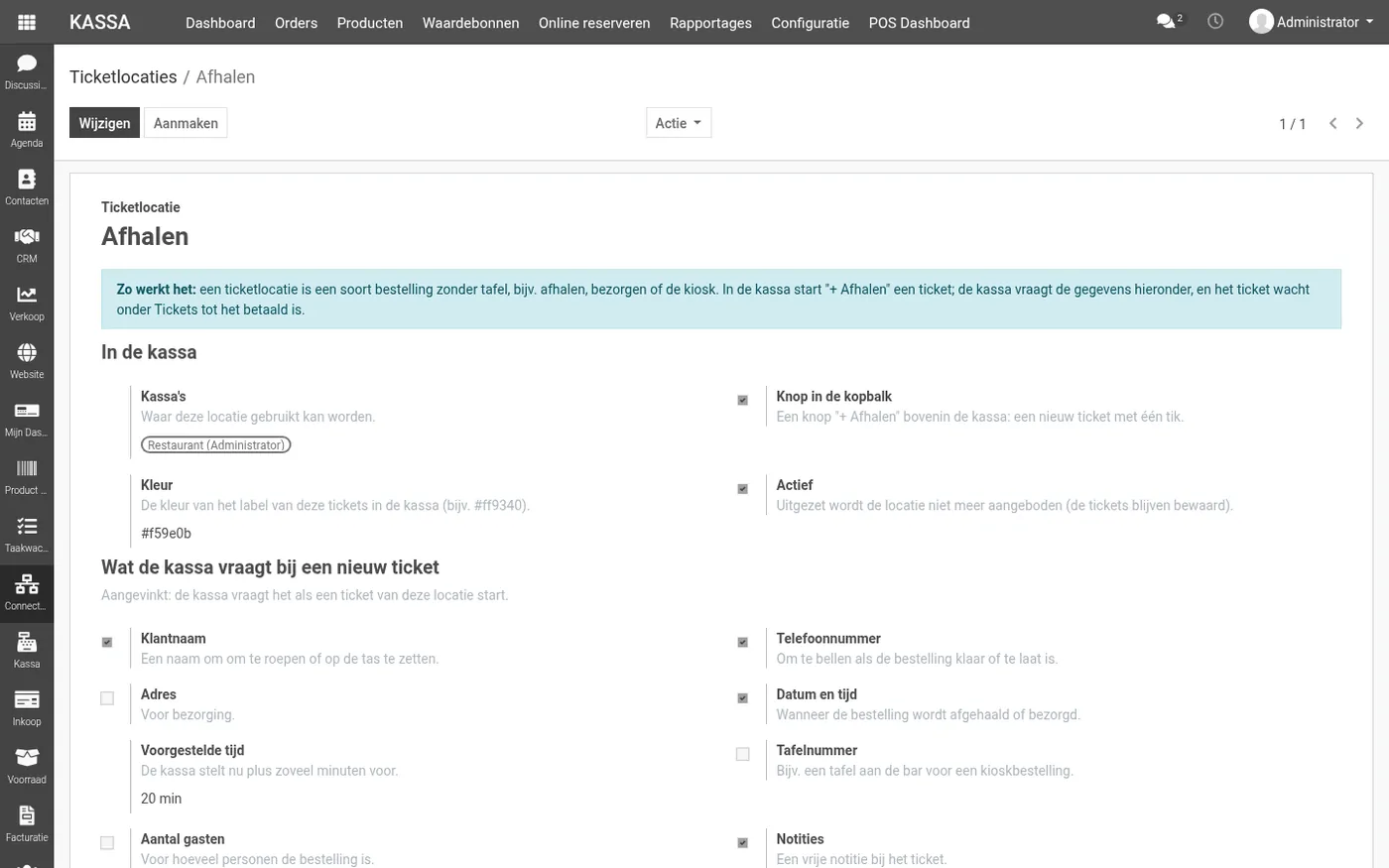 Het formulier van de ticketlocatie Afhalen met de onderdelen In de kassa, Wat de kassa vraagt bij een nieuw ticket en Keuken