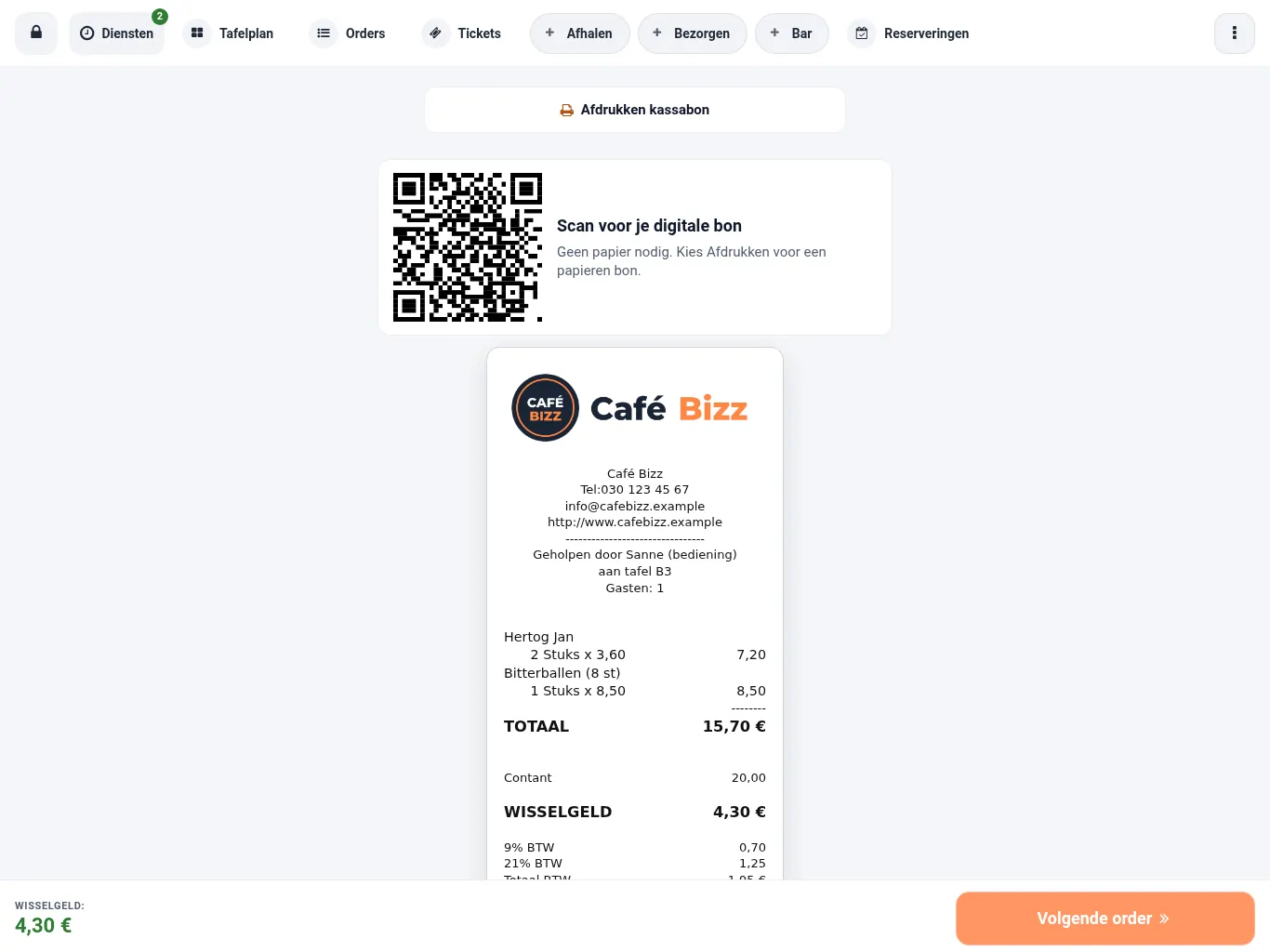 Het bonscherm van de kassa met de QR-code van de digitale bon