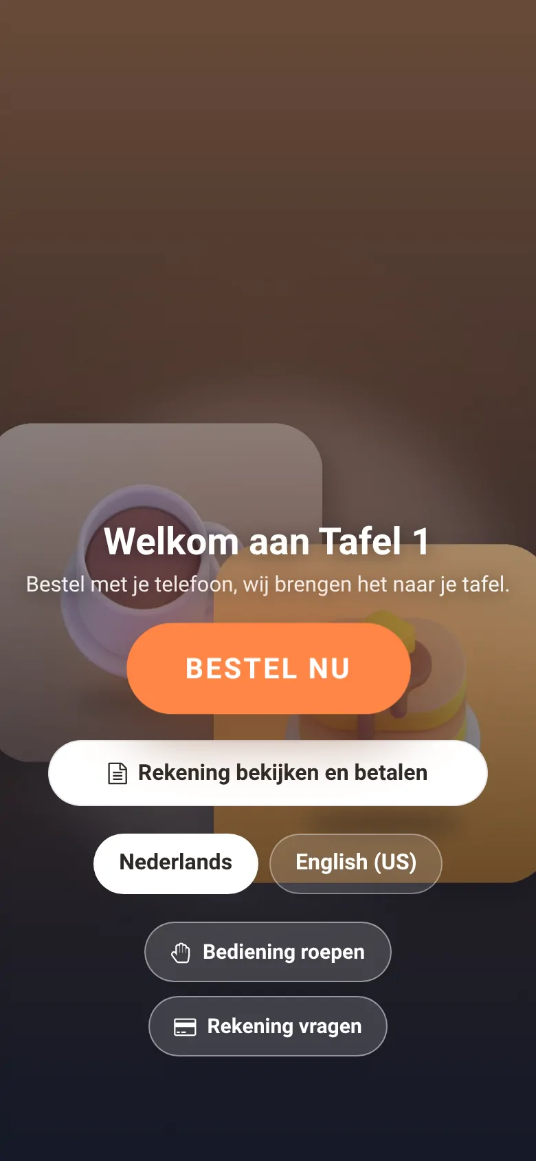 Het QR-menu op een telefoon met de knoppen Bediening roepen en Rekening vragen