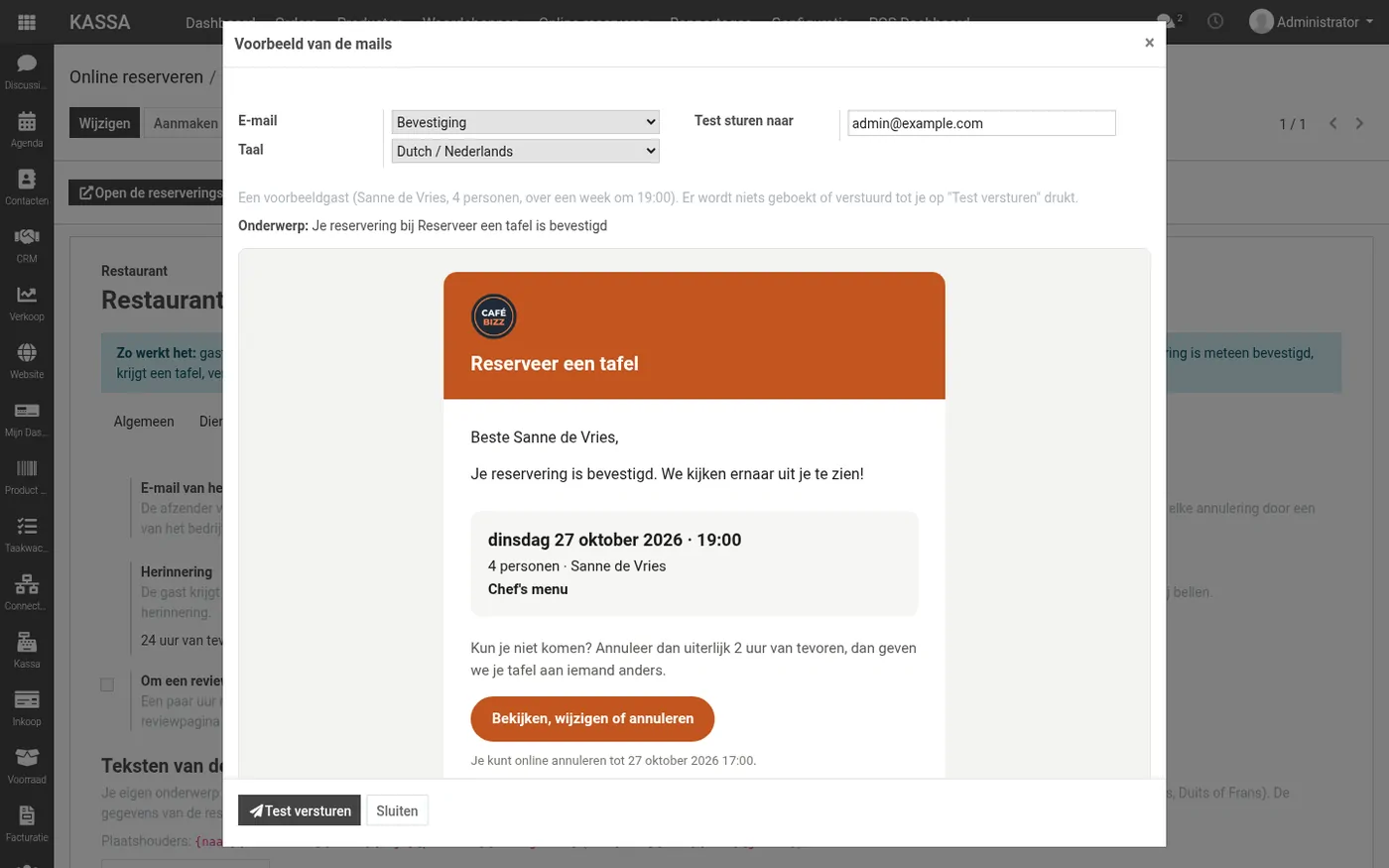 Het venster Voorbeeld van de mails met een bevestigingsmail en het veld Test sturen naar