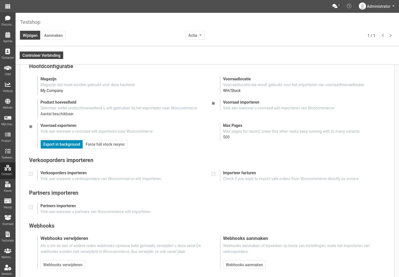 De WooCommerce-backend met Voorraad exporteren aangevinkt en de knoppen Export in background en Force full stock resync