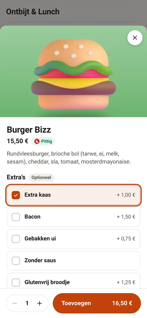 Het venster van een gerecht met opties zoals extra kaas en bacon, en de knop Toevoegen
